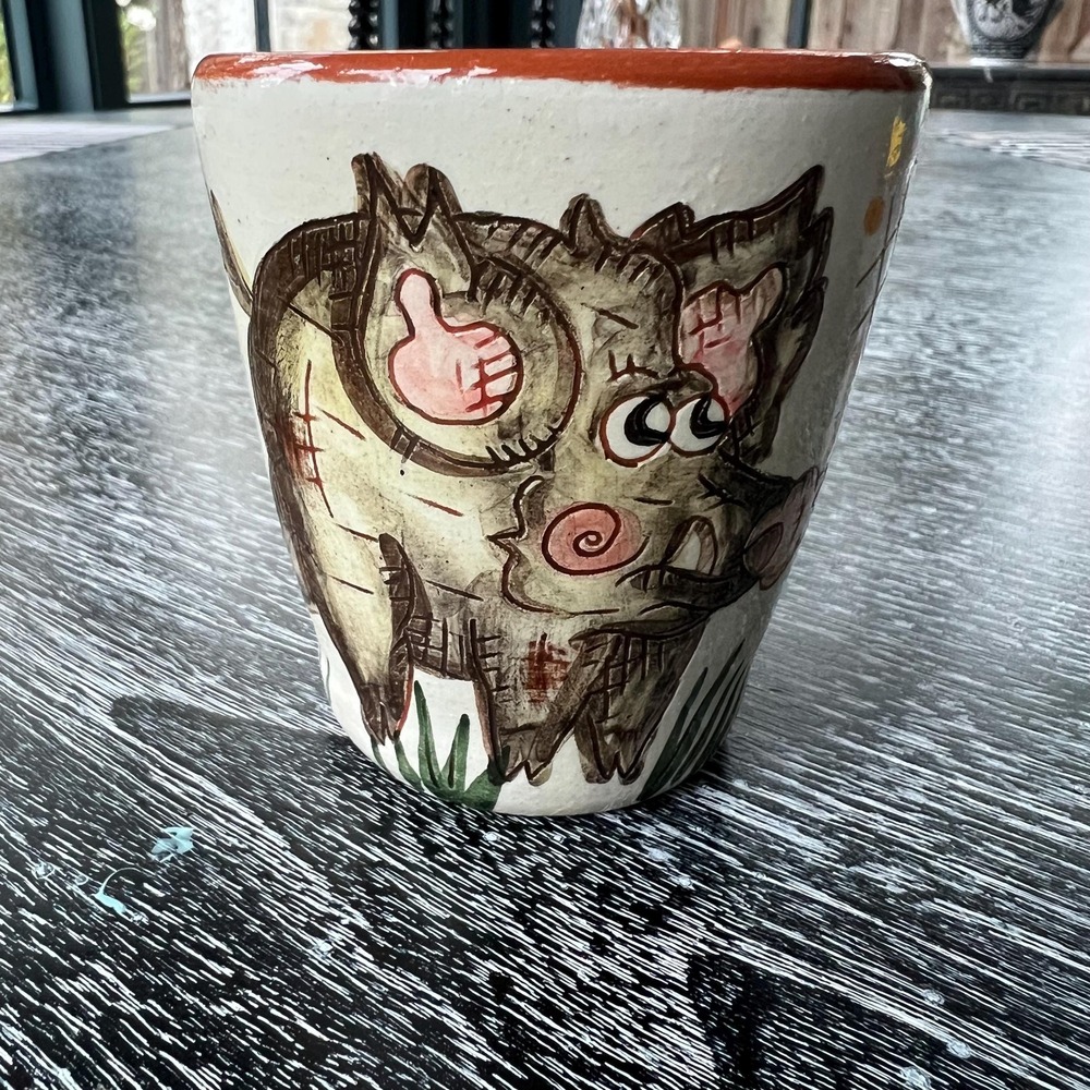 Handpainted and signed Pig and Dragonfly Votive / Cup‎